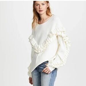 Frame Ruffle Yoke Ribbed Wool Blend Off White Oversized Knit Sweater Size Small